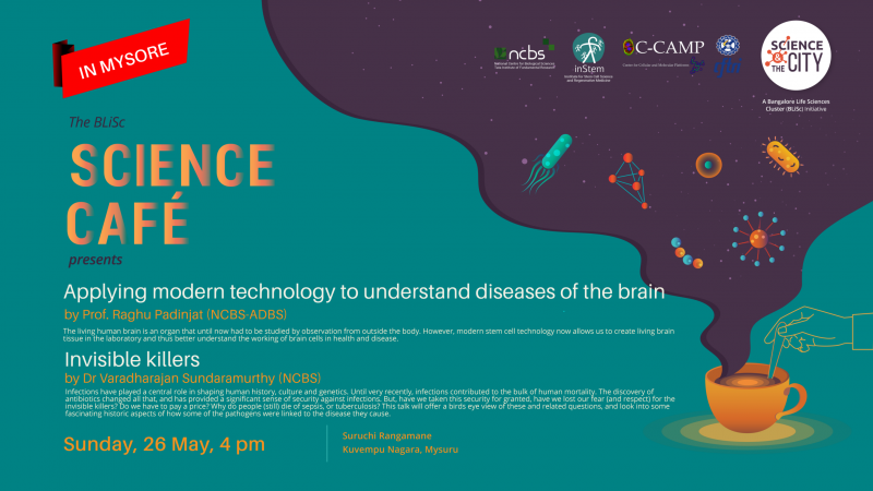 Poster for the science outreach initiative, Science Cafe for May 2019 in Mysore, India